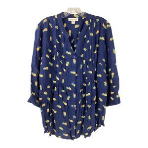Coldwater Creek Tunic Womens XL Navy Pineapple Relaxed Pin-Tuck Pleats Button Up